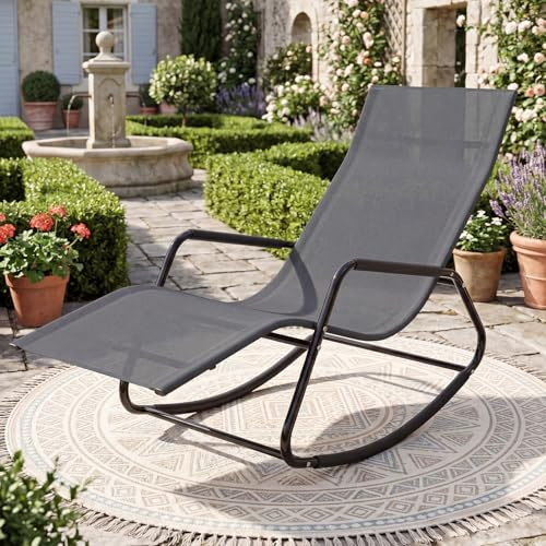 Multigot Rocking Sun Lounger, Zero Gravity Outdoor Chaise Lounge Chair with Curved Armrests, Metal Frame Rocking Deck Chair Leisure Fabric Sun Bed for Poolside Backyard (Grey)