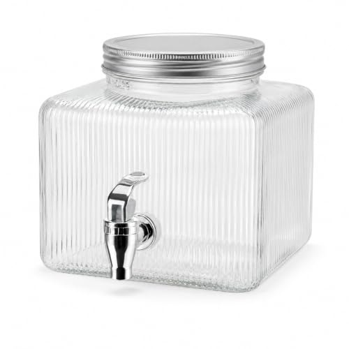 CIA&CO Dispensador de Agua de Vidrio 3,5 L con Grifo | Dispensador de Bebidas Cuadrado para Frigorífico | Boca Ancha y Tapa Metálica | Para Limonada, Zumos, Sangría y Cócteles