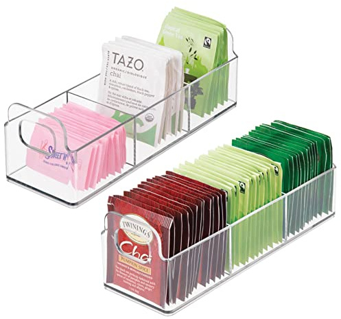 mDesign Plastic Condiment Organizer and Tea Bag Holder - 9 Long Kitchen Pantry/Countertop Storage Caddy - Divided Chip, Snack, Granola, Oatmeal Packet Holder - Lumiere Collection - 2 Pack - Clear