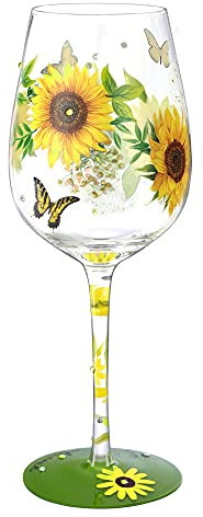NymphFable Hand-Painted Wine Glass Sun Flower Butterfly Artisan Painted Glass 15oz Personalised Gift for Best Friend