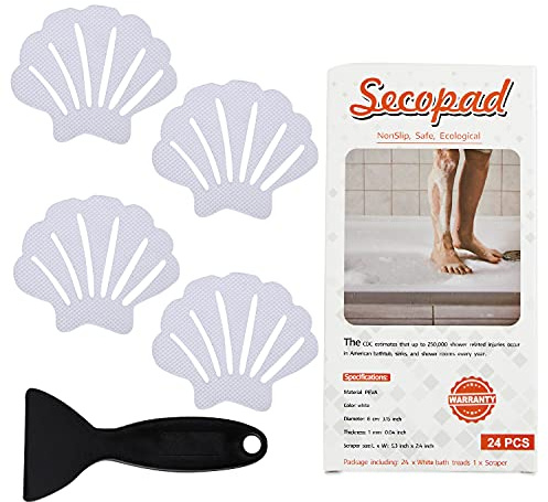 Secopad Non-Slip Bathtub Stickers, 24 PCS Shell Safety Bathroom Tubs Showers Treads Adhesive Decals Scraper (White)