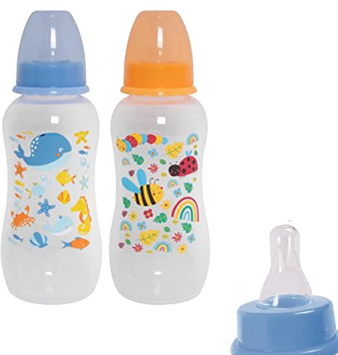 2 Pack Baby Milk and Water Bottles Easy Grip with Soft Silicone Medium Flow Teats 250ml 8.5oz, Fun and Cute Animal Designs (Rainbow & Star)