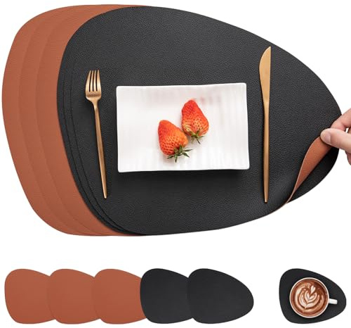 Myir JUN Set de Table et Dessous de Verre, Set de Table Antidérapant Double Face Sets de Table Lavable Imperméables Set Table et Dessous de Verre Set Table Plastique (Noir Marron, Lot de 6)