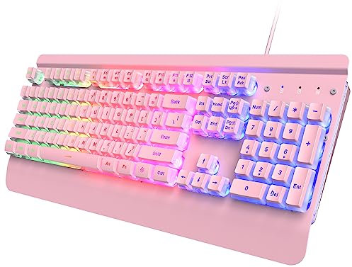 Dacoity Pink Gaming Keyboard, 104 Keys, All-Metal Panel, Rainbow LED Backlight, Quiet Creamy Keyboard, Palm Rest, PBT Keycap, Anti-Ghosting Keys, Illuminated USB-T
