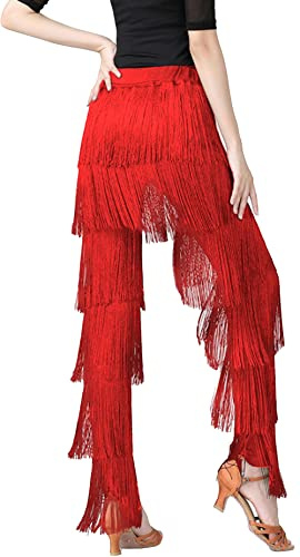 AIEOE Pantaloni con Nappa Multistrato Donna Danza Latina da Professionale Adulto Fringe Rumba Tango Taglia S Rosso