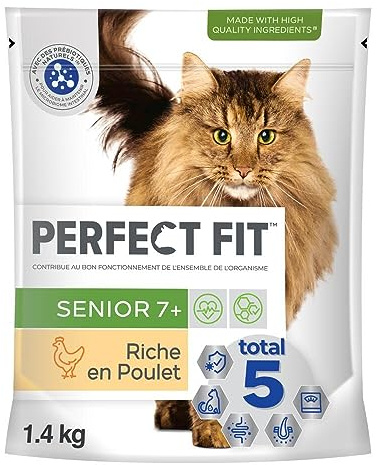 PERFECT FIT Senior 7+ Croquettes Gourmandes pour Chat Senior Stérilisé – Nourriture Riche en Poulet – 1,4 kg (Lot de 5)