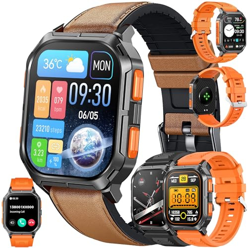 Smartklocka Mäns Smart Watch med Samtal, Vattentät Smart Watch Sport Stegräknare Hjärtfrekvensmätare Blodtrycksmätare Armband Aktivitet 2,01 Cal Digital Klocka för IOS Android (Orange)