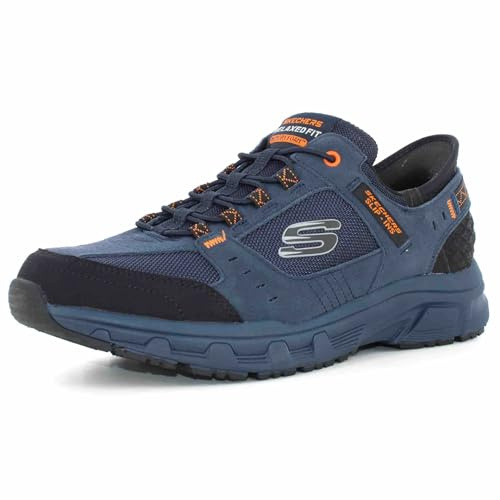 Skechers Oak Canyon Consistent Winne - Sneaker da Uomo Senza Mani, Tessuto in Pelle Blu Navy con Bordo Arancione, 42 EU