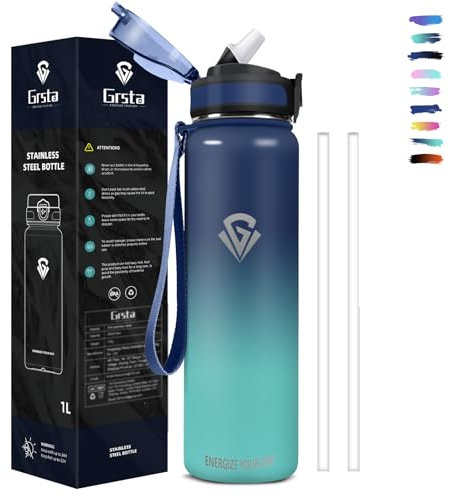 Grsta Gourde Isotherme 1l Sans BPA - Paille Anti Fuite, Double Paroi Isolante, Réutilisable, Facile à Nettoyer - Bouteille d'Eau pour Camping, Randonnée, Running, Vélo, Yoga, Foot