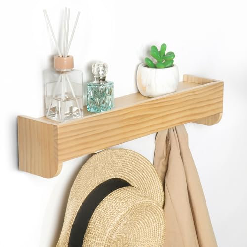 JSVER Wandgarderobe Wand Moderne,Garderobenhaken Holz mit Obere Ablage 4 Haken Garderobe mit Verdeckten Wandhaken Einfach-Design Kleiderhaken für Flur,Kinderzimmer,Schlafzimmer, Badezimmer(Holz,Weiß)