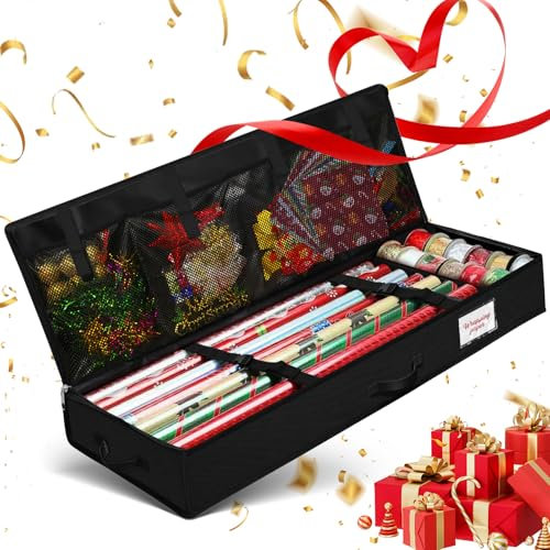 Hysagtek Geschenkpapier Aufbewahrung, Organizer Geschenkpapier mit Fächern, 600d Oxford Geschenkpapier Aufbewahrungstasche, Reißfest Geschenkpapierrollen Weihnachtsaufbewahrung, 99x35x15cm