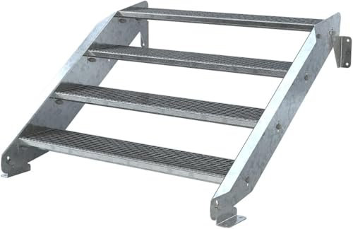 Stahltreppe 4 Stufen - flexible Höhe von 62 cm bis 84 cm einstellbar - feuerverzinkte Stahltreppe - Normbreite - montagefertiger Bausatz (Ohne Geländer, Stufenbreite 120 cm)