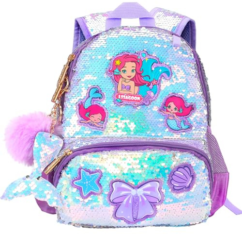 LSSAGOON enhörning ryggsäck barn flickor, paljetter barnryggsäck, personlig Kawaii skolryggsäck, ryggsäck dagis för dagis grundskola, presenter till födelsedag jul, sjöjungfru lila, 33 cm
