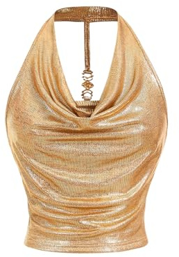 GORGLITTER Women's Cowl Neck Ruched Halter Top Draped Metal Decor Slim Fit Elegant Tops Gold Small