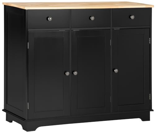 HOMCOM Sideboard with Rubber Wood Top, Kitchen Cupboard, 3 Doors Black | Modern Storage Cabinet, 3 Drawers, 3 Adjustable Shelves, Dining Room, Living Room