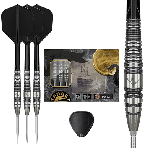 TARGET Japan Black Marque PW 2.0 Swiss Point stålspetspilar med Kflex, 22 G | 90 % volframdart-set, K-Flex flygningar och axlar, schweiziska nano-poäng med verktyg, spelare Tan Phuay Wei