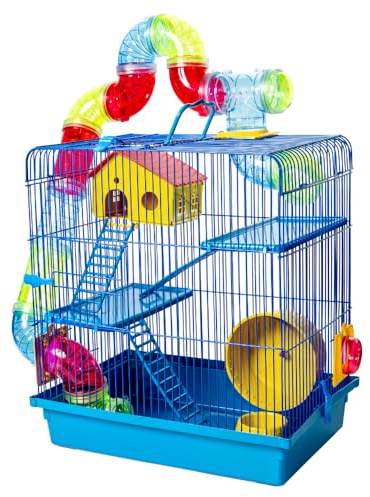 Hamster Cage with Tubes and Wheel, 3 Tier Hamster Cage Platform with Top Access, Multi Level Cage, Easy Clean and Assembly, Includes Hamster House and Feeder Bowl, 39L × 27W × 42H cm (Blue)