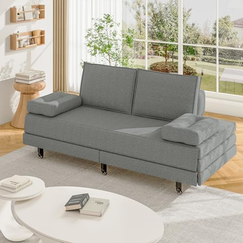 Yeutre Canapé Convertible 2 Places, Canapé lit rembourré avec Dossier, accoudoirs et Coussins, lit gigogne Double, canapé Multifonctionnel en Tissu Lin pour Salon, Chambre d'amis (Gris)
