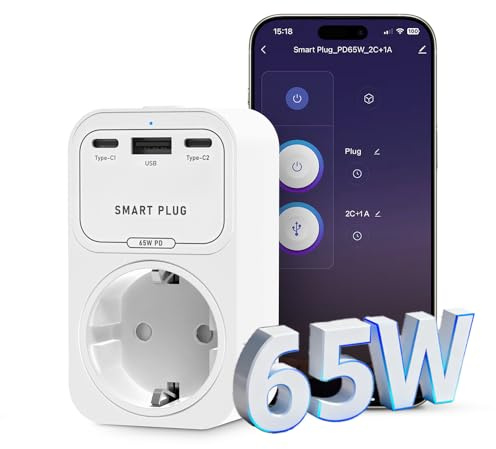 MIUCDA Smart WLAN Steckdose 16A mit GaN PD 65W Schnellladung (2x USB-C + 1x USB-A) Überspannungsschutz WiFi Fernsteuerung per Smart life App, Sprachsteuerung Kompatibel mit Alexa, Google