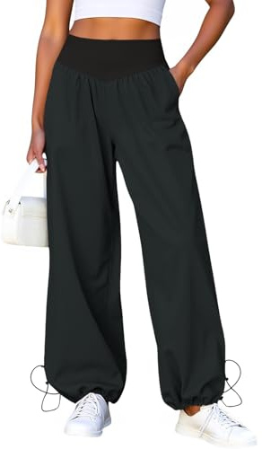 Fisoew Pantaloni da donna a gamba larga, casual, pantaloni da allenamento a vita alta, pantaloni lounge con tasche e coulisse sull'orlo