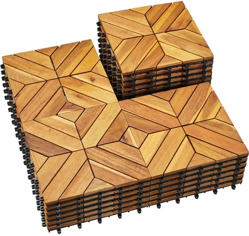 PrimeZone 27 PCS Solid Acacia Wood Interlocking Patio Deck Tiles - 12 x 12 Indoor Outdoor Waterproof Flooring Tiles for Balcony, Backyard & Poolside, All Weather Use, Natural Wood, Square