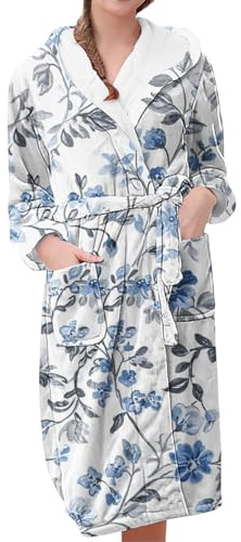 Fleecemorgonrock för damer med huva dam badrock fleece plysch varm lång morgonrock nattkläder morgonrock vinter myskläder termisk badrock nattlinne mjuk morgonrock husrock, BU1, M