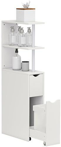 HOMCOM Mobile Bagno Slim con Cassetti e Ripiani, Mobiletto Bagno Salvaspazio con Cassetto su Ruote, Colonna Bagno per Sala da Pranzo Soggiorno, 20x45x115 cm, Bianco