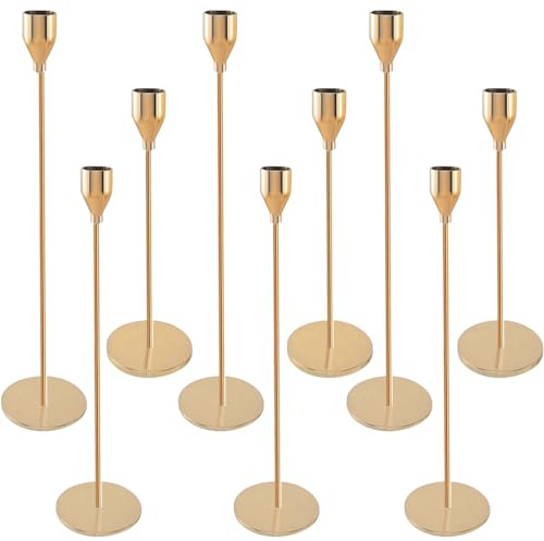 Dazhtu Set di 9 Portacandele in metallo, Candelabro Metallo Oro Portacandele, Cono ​portacandele vintage, Natale Halloween decorazioni, matrimoni, cene a lume di candela, anniversari，Tre dimensioni