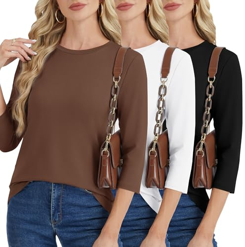 GAYHAY 3 Pack 3/4 Length Sleeve Womens Tops - Casual Crew Neck Summer T Shirts Spring Blouses Black White Brown 2026