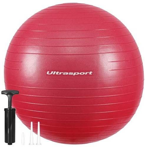 Ultrasport 45cm Pelota de Pilates, Fitness, Yoga, Embarazo, Fitball para Ejercicios Gimnasia 45 cm I hasta 300 kg, Antideslizante, Anti-Burst I Hinchador Incluido, Burdeos