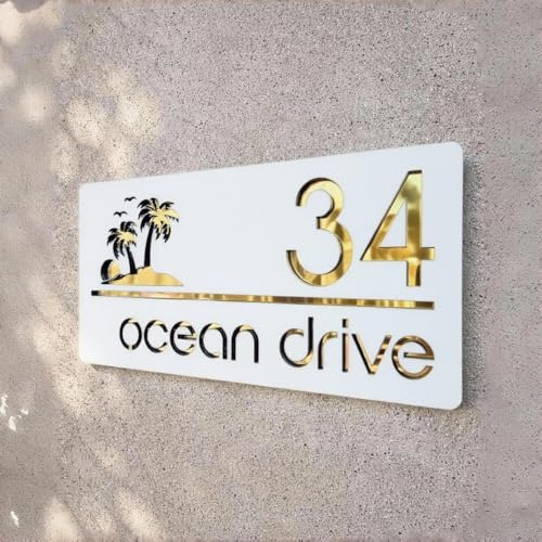 Placa Número de Casa Personalizada Exterior, Número de Vivienda 3D con Palmeras, Cartel Dirección Acrílico Impermeable, Señal Moderna para Puerta, Fachada, Jardín, Buzón