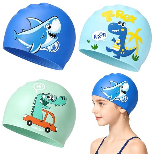 Leikedun 3er Set Kinder Schwimmkappe Badekappe 2-8J Silikon wasserdicht