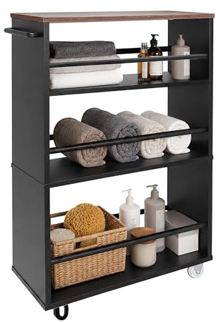 Relaxdays Carrello per nicchia 80x15x45 cm, scaffale Stretto Bagno e Cucina, 4 Ripiani, Ruote e Maniglia, Nero-Marrone