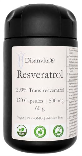 Disanvita Resveratrolo | 120 Capsule con 500 mg di Trans-Resveratrolo | ≥99% Trans-Resveratrolo | Analizzato da laboratori indipendenti in Germania