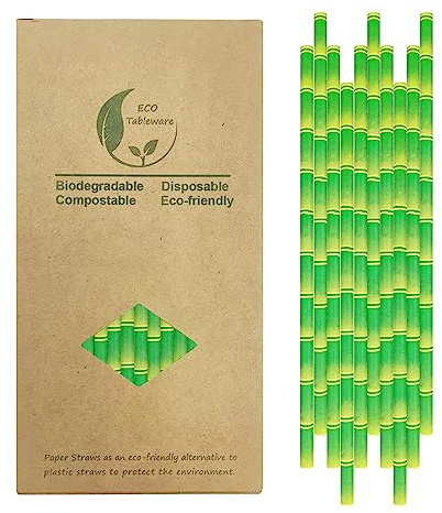Green Bamboo Printed Paper Drinking Straws, 100 Pack Biodegradable Disposable Bamboo Pattern Straw for Cocktail, Party Decoration