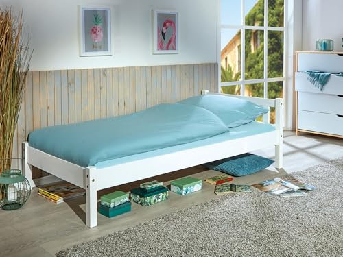 Inter Link - Holzbett - Bettrahmen - Bettgestell - Jugendbett -Gästebett - Einzelbett - Modernes Bett aus Kiefer Massivholz - ohne Lattenrost - Weiß Lackiert - Vilmar 90 x 200 cm