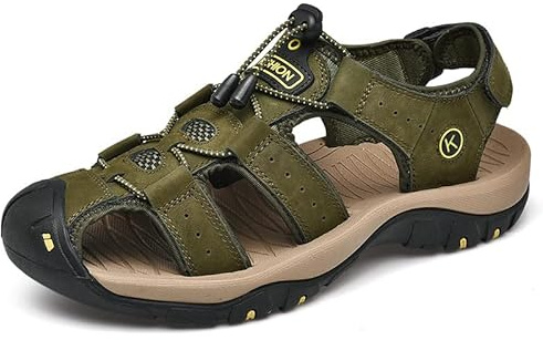 Men's Hiking Sandals Closed Toe Walking Sandals Beach Sandals Leather Summer Shoes For Trekking ， Heel Strap for Sports and Outdoors Gardening Lightweight Comfortable Adjustable(Army Green,10)