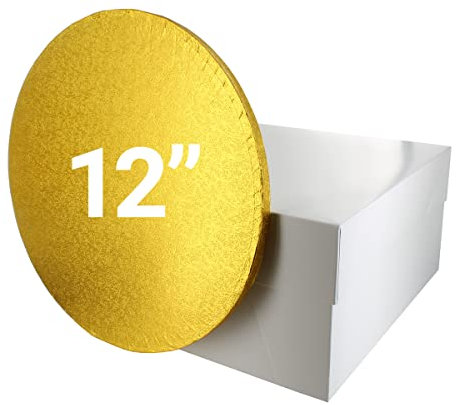 Culpitt 12 Gold Cake Board & White Box Combo, Round Drum With Matching, 0.5'' (13mm) Thick, Square Transport, 12 Inch Single Pack, 90270