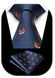 HISDERN Cravates à motif animalier pour hommes Bleu marine Cravate Mariage Affaires Renard Originale Poche Carré Ensemble Élégant pour Fête