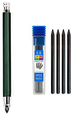 5,6 mm metallritpenna med 4 2B 4B 6B 8B blyuppsättningar professionell konstskiss mekanisk penna Kawaii kontorsmaterial kan fyllas (grön)