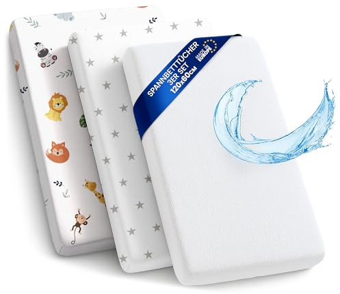 Lenzuola con angoli per passeggino Set di 3: 60x120 cm - 2 lenzuola + 1 coprimaterasso impermeabile - Accessori per lettino per culla co-sleeping carrozzina 60 x 120