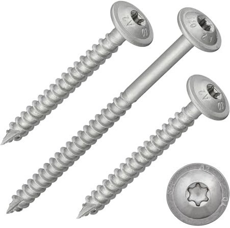 Tornillos de cabeza de disco con accionamiento Torx (TX) | acero inoxidable A2/V2A | cabeza reforzada + punta de corte | con aprobación ETA, rosca parcial, tornillos para construcción de madera,