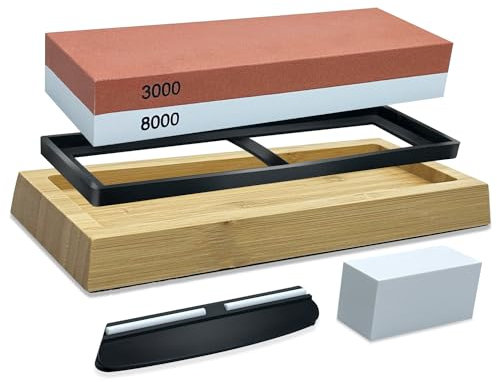 Pietra per Affilare,2-in-1 Affilacoltelli Cote(Grana 3000/8000) - Sided Affila Coltelli con base antiscivolo, posizionatore e pietra di calibrazione