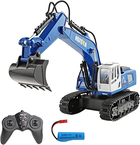 s-idee® 1558 blau Ferngesteuerter RC Bagger 1:18 Huina Spielzeug für Kinder - RC Bagger mit Metall Schaufel, 680° Drehung, Licht und Soundeffekten