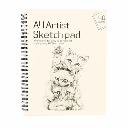 Sixstore Sketch Pad, A4 Sketch Book 100 g/m² Thick Paper, 80 Pages / 40 Sheets Spiral Bound Sketchbook 1 Pack, Kittens
