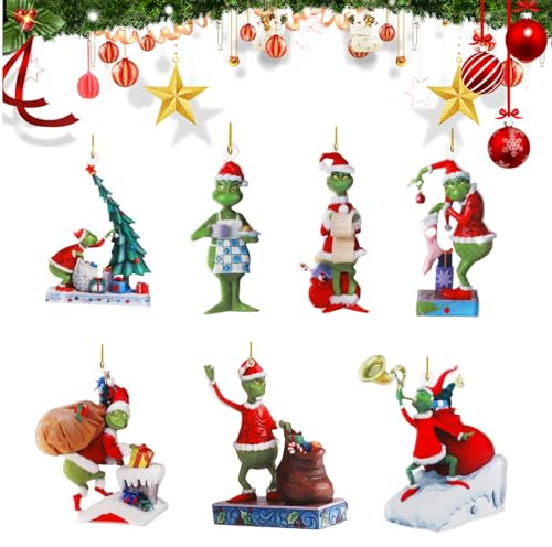Weihnachtsbaumschmuck,7 stück Grinch Weihnachtsschmuck,Weihnachtsbaum Heimdekorationen,Hängende Ornament,2D Acryl-Anhänger,für Zuhause, Urlaub, Party.