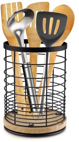 Velicber küchenutensilienhalter Schwarz Drehbar Küchenutensilien Aufbewahrung Utensilienhalter Küche Besteckhalter aus Metall Besteckkorb Organizer für Küche, Arbeitsplatte Aufbewahrung, 13.5*18.6cm