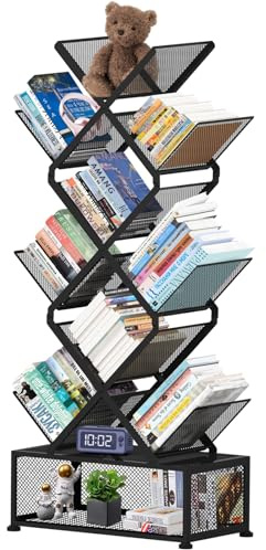 Onadak 7-Tier Foldable Metal Bookshelf, Space Saving Bookcase with 7 Irregular Shelves, No Assembly Required Modern Tree Design, for Living Room, Bedroom, Home Office - Black