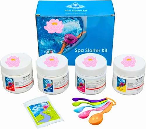 Pool Chemical Starter Kit for Hot Tubs, Above Ground Pool, Paddling Pool Water Treatment (Includes Chlorine Granules, pH Minus, pH Plus, Foam Remover, Test Strips, Measuring Spoons)