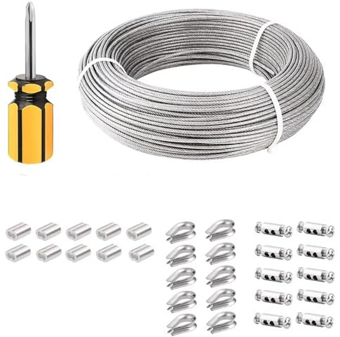 NEWFUN 50 m stålkabel, 3 mm stålkabel, rostfri stålkabel med krympslang och hålskydd för stängsel, upphängningskablar för utomhuslampor, gardinkablar